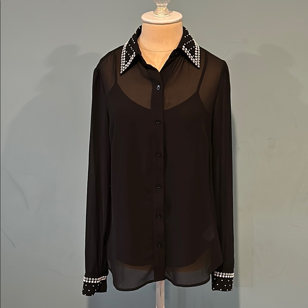 Michael Kors Black Sheer Blouse size XS Button Down Built-In Cami Bead Detail